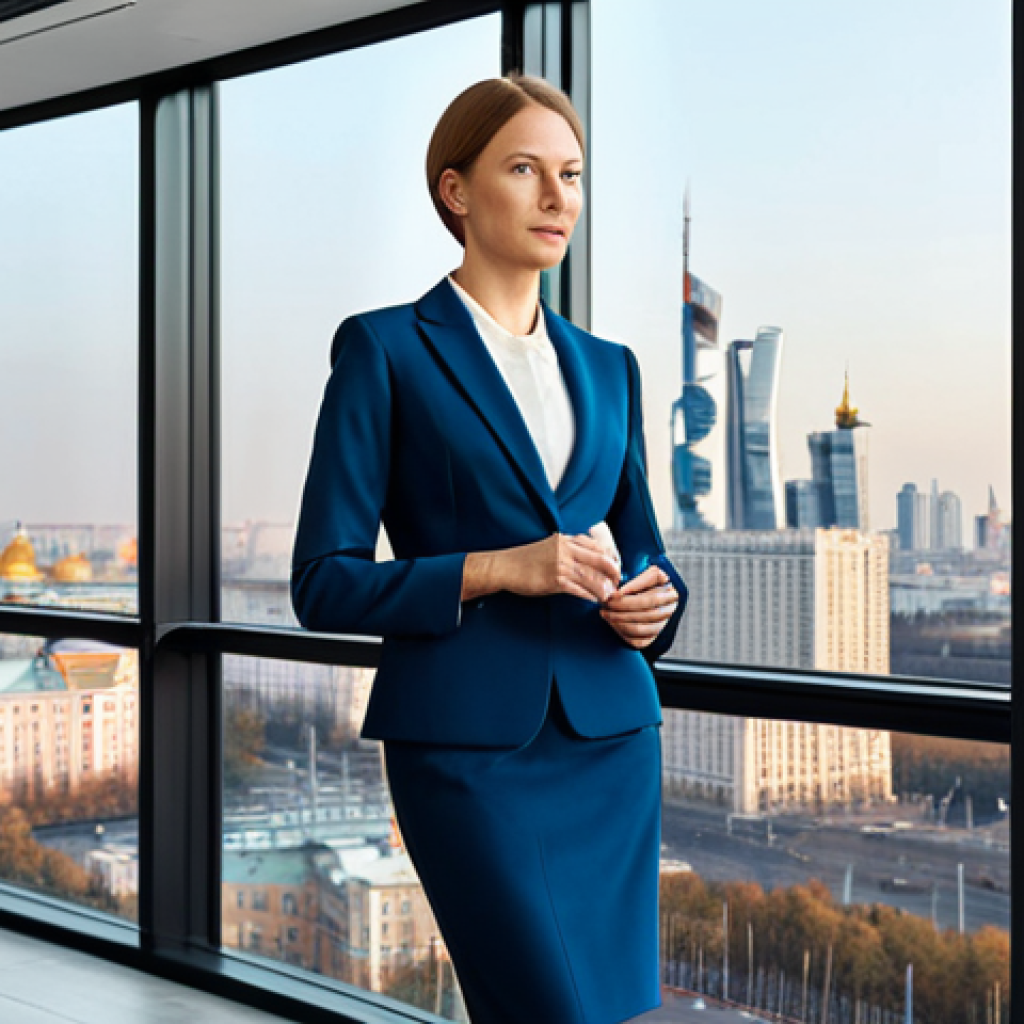 ** A professional female entrepreneur, fully clothed in a stylish business suit, giving a presentation in a modern Moscow office. Appropriate attire, safe for work, perfect anatomy, natural proportions, professional photography, high quality. The background includes the Moscow skyline. Family-friendly and professional.

**