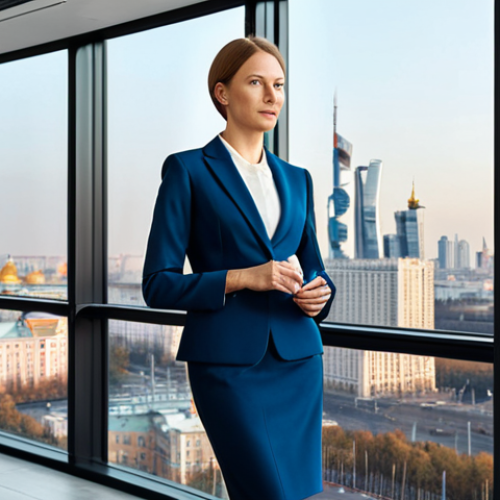 Home 9 ** A professional female entrepreneur, fully clothed in a stylish business suit, giving a presentation in a modern Moscow office. Appropriate attire, safe for work, perfect anatomy, natural proportions, professional photography, high quality. The background includes the Moscow skyline. Family-friendly and professional.
**