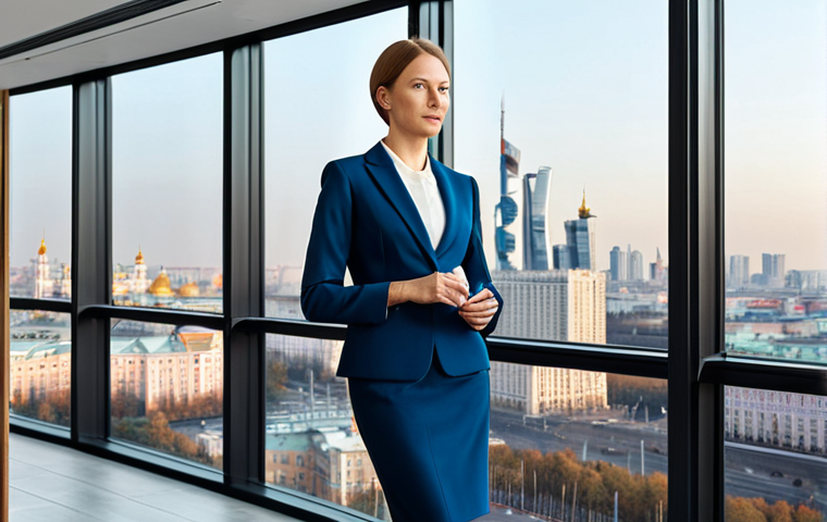 ** A professional female entrepreneur, fully clothed in a stylish business suit, giving a presentation in a modern Moscow office. Appropriate attire, safe for work, perfect anatomy, natural proportions, professional photography, high quality. The background includes the Moscow skyline. Family-friendly and professional.
**